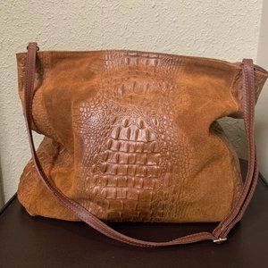 Italian Leather Brown Alligator Print Tote Bag